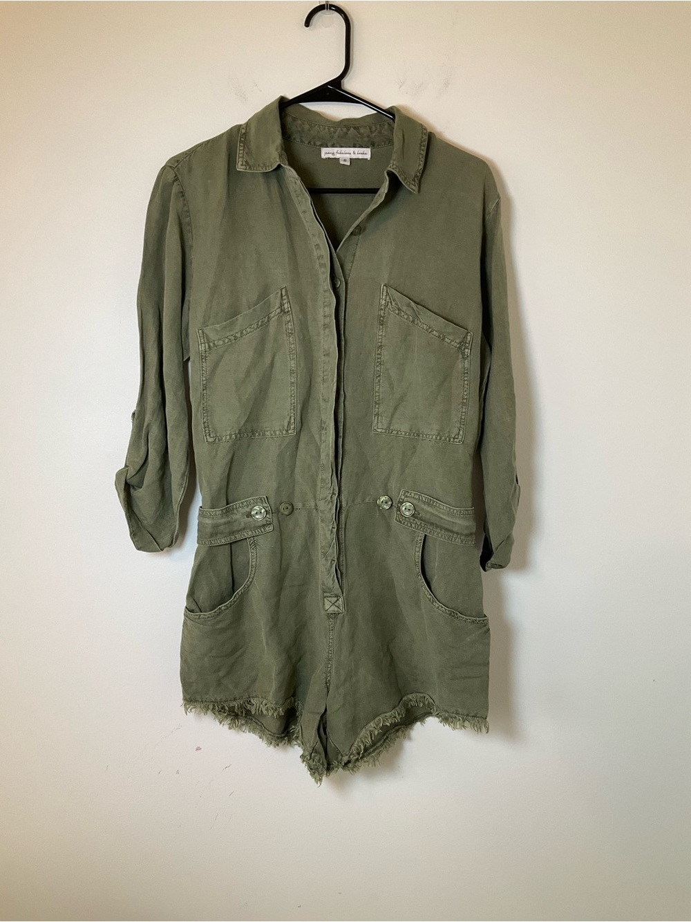 Young Fabulous & Broke Olive Linen Blend Utility Romper Small